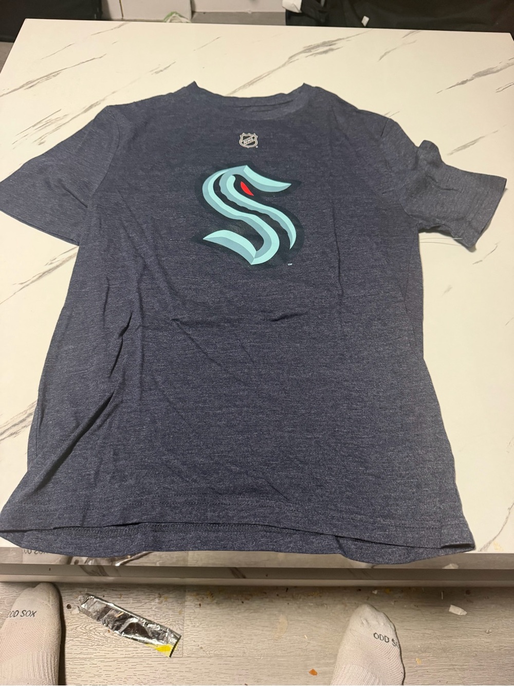 Fanatics Navy Short-Sleeve Seattle Kraken 'S' Logo Tee with Aqua Accent